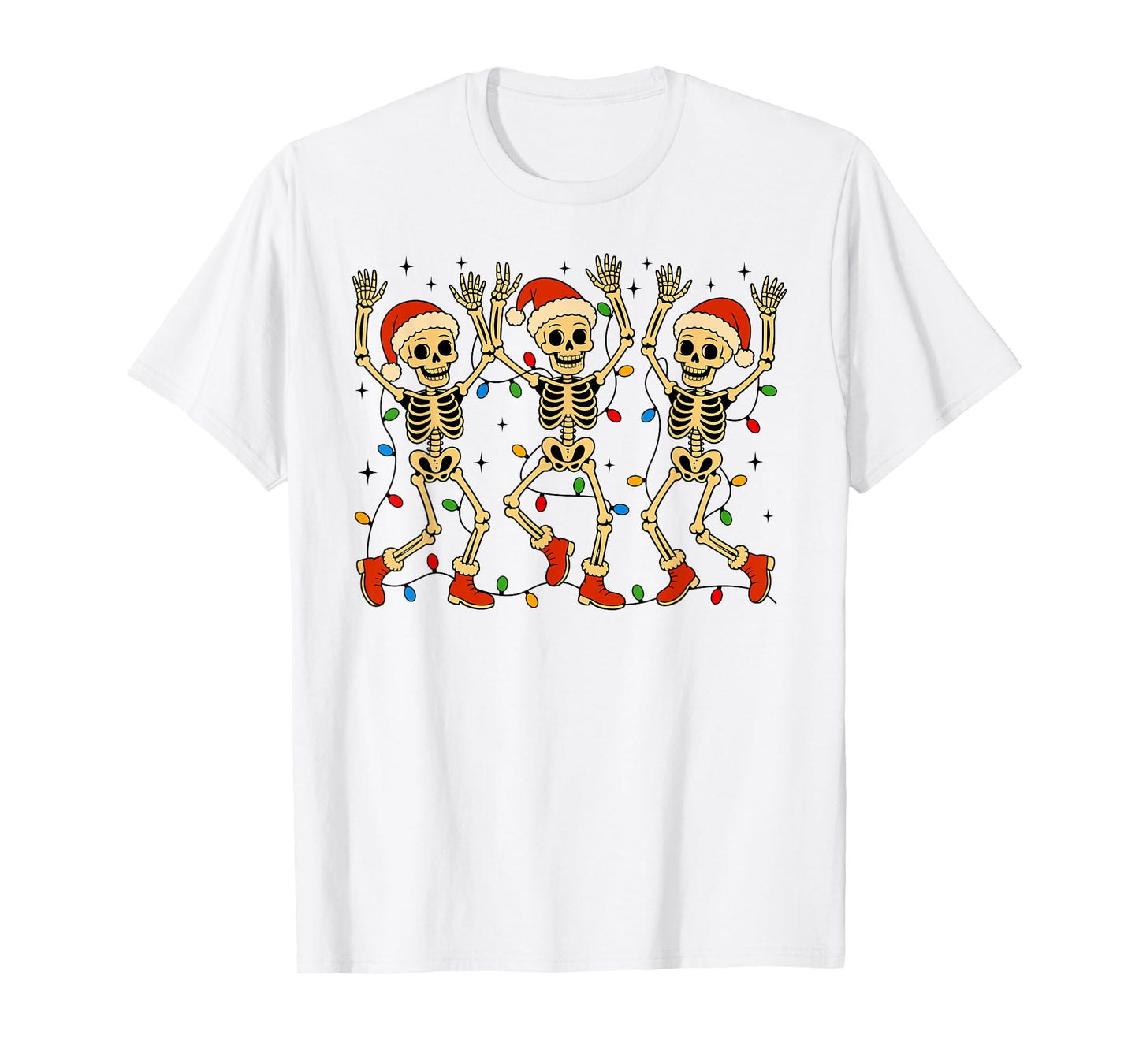 Funny Christmas Dancing Skeletons with Santa Hat Xmas Lights T-Shirt