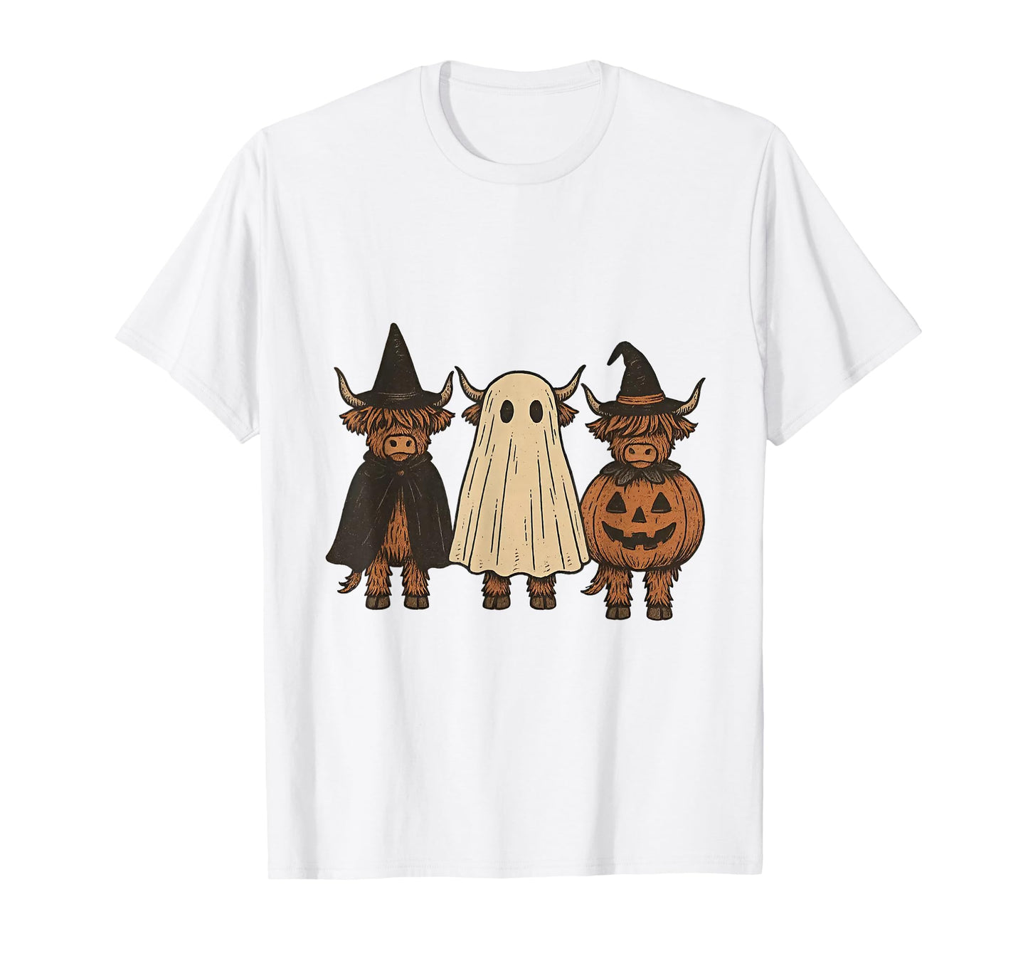 Halloween Highland Cow Ghost Witch Pumpkin T-Shirt