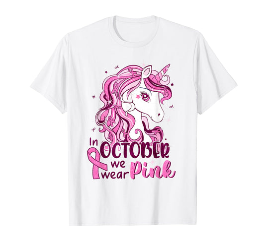 In October We Wear Pink Unicorn Breast Cancer Shirts Girls T-Shirt