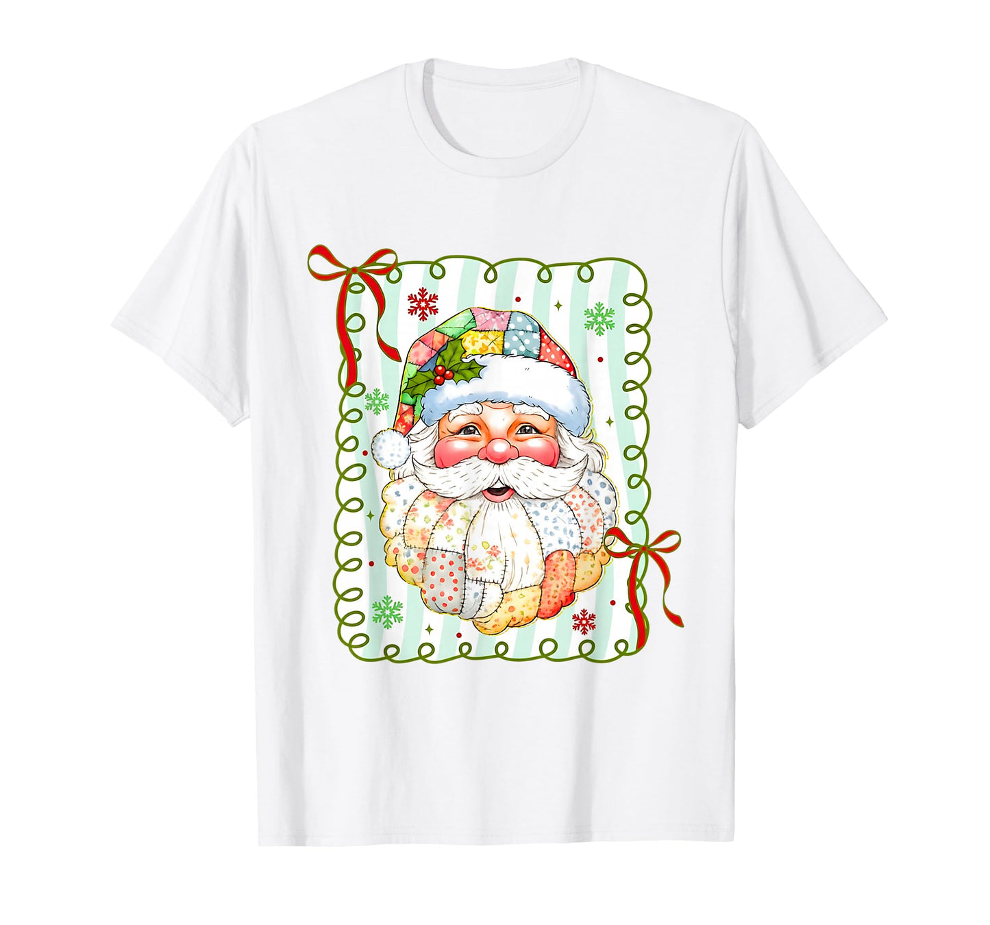 Patchwork Santa Claus Face Christmas Bow Men Women Kids T-Shirt