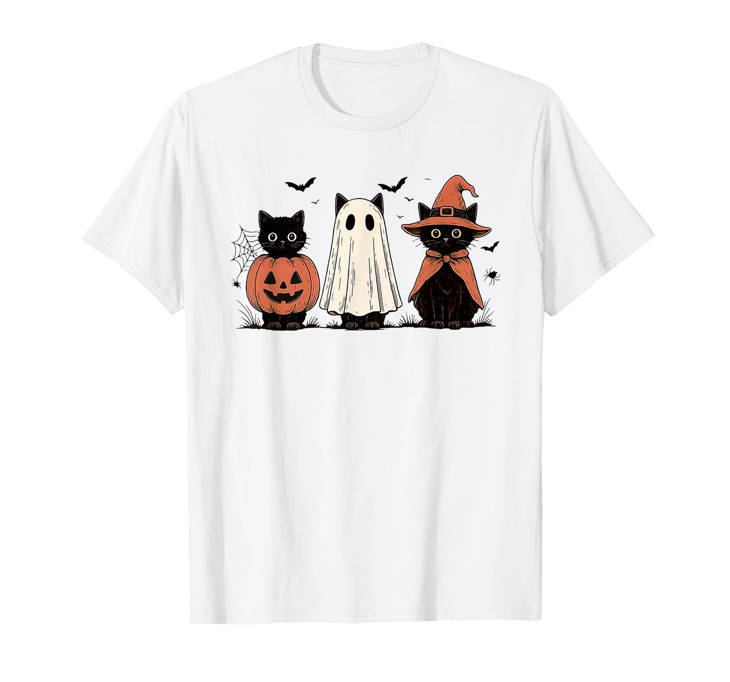 Retro Black Cat Witch Scary Halloween Pumpkin Women Men Kids T-Shirt