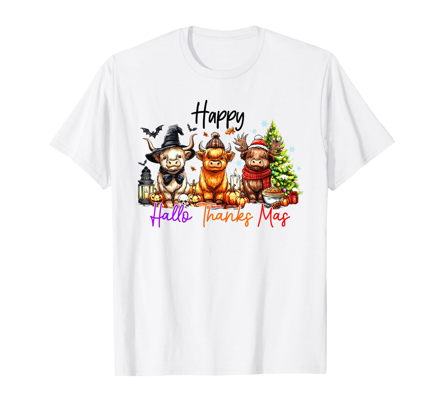 Happy Hallothanksmas Highland Cow Halloween Merry Christmas T-Shirt