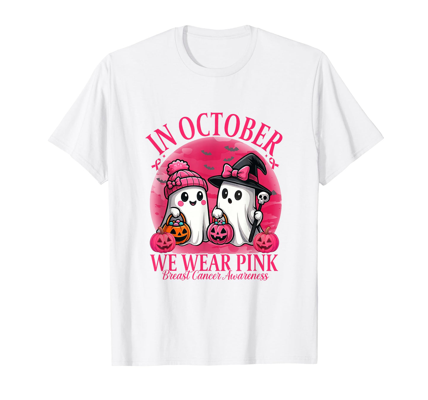in October We Wear Pink Ghost Witch Breast Cancer Awareness T-Shirt
