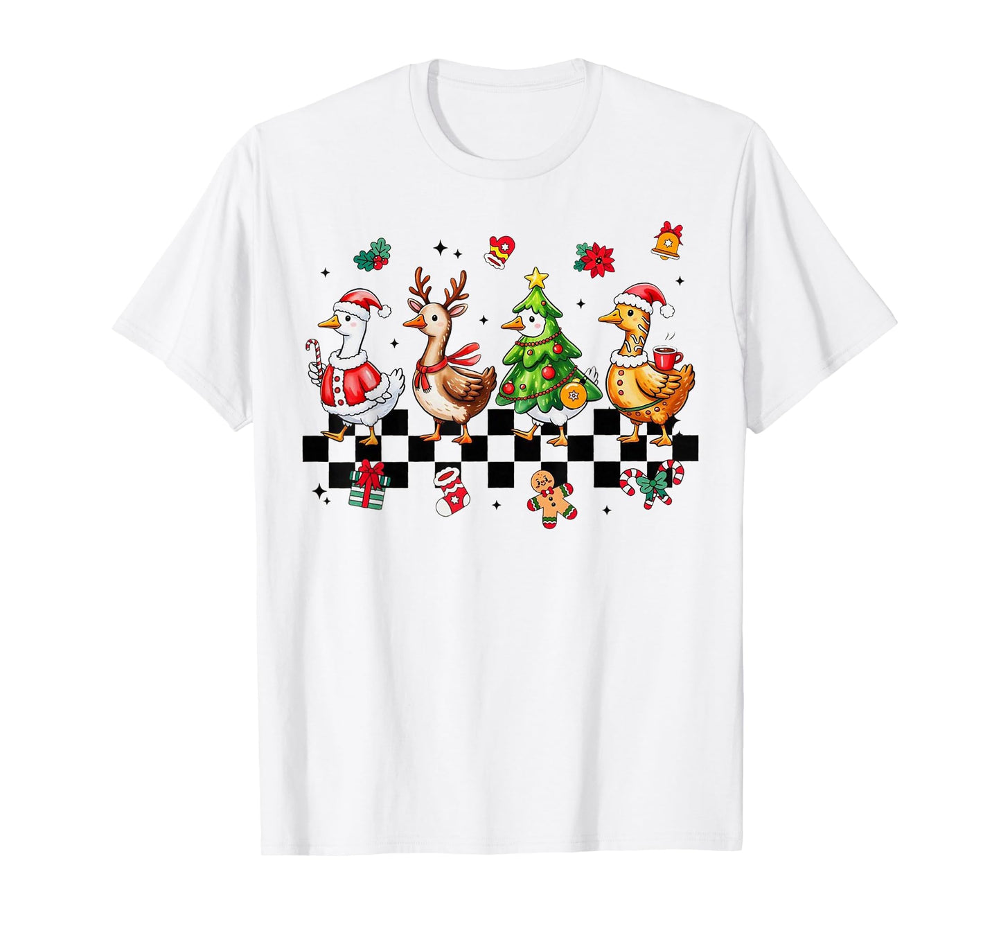 Cute Christmas Goose Santa Checkered Funny Mens Womans Kids T-Shirt