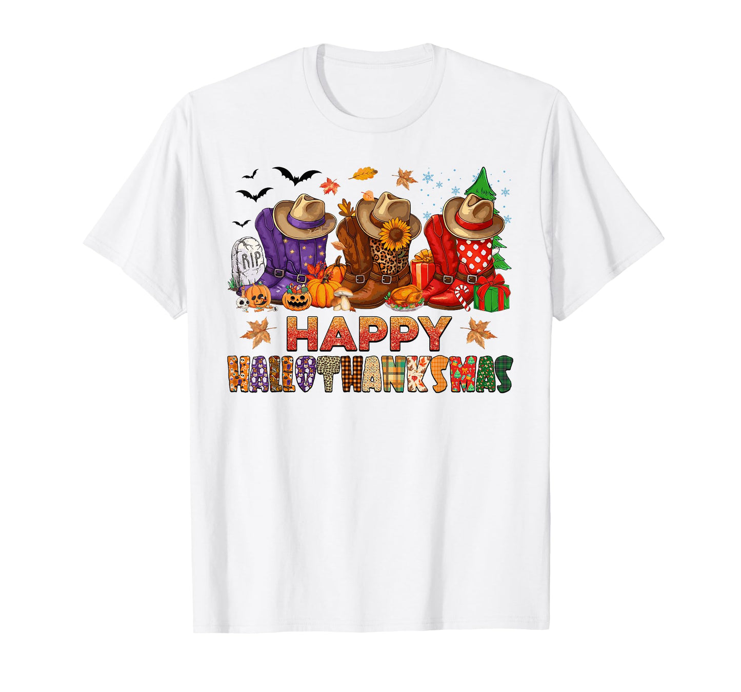 Happy Hallothanksmas Cowboy Boots Halloween Thanksgiving T-Shirt