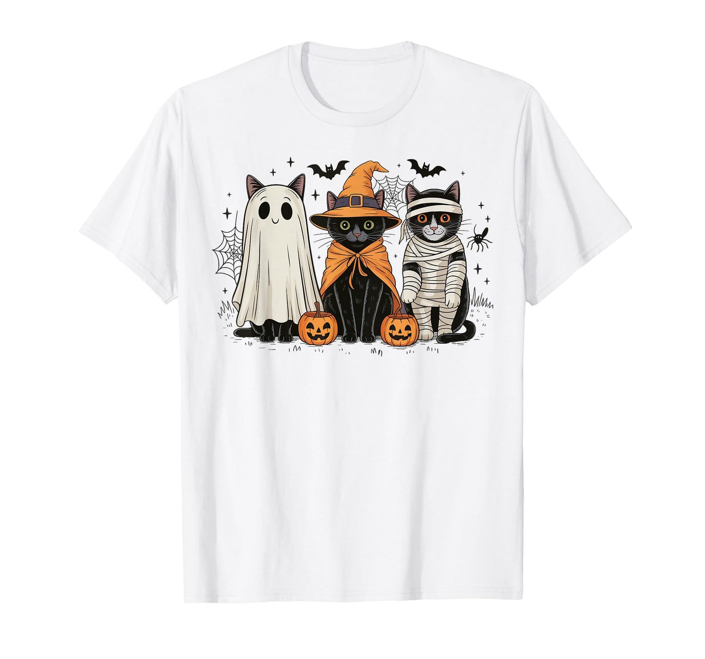 Retro Three Black Cats Witch Pumpkin Scary Halloween Costume T-Shirt