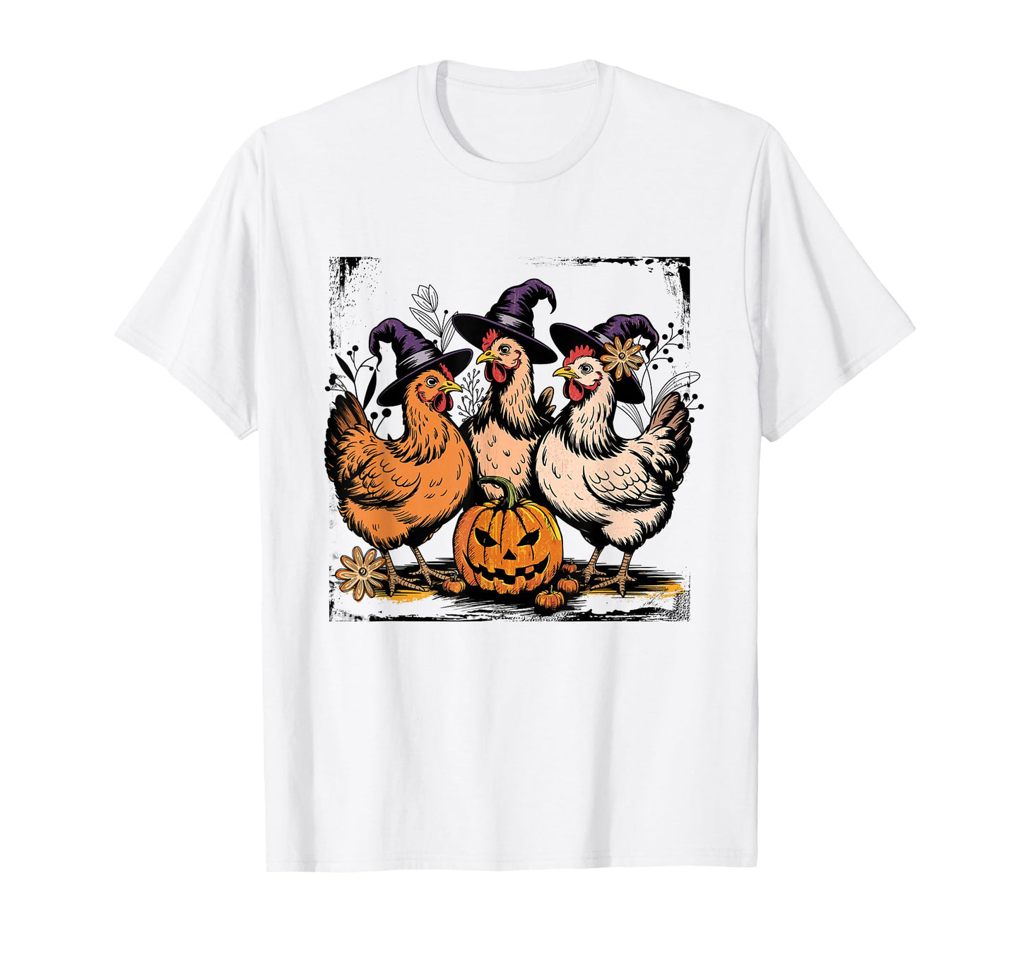 Retro Chicken Witch Pumpkin Flowers Funny Halloween T-Shirt