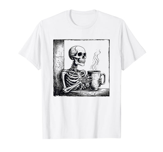 Coffee drinking skeleton skull halloween T-Shirt