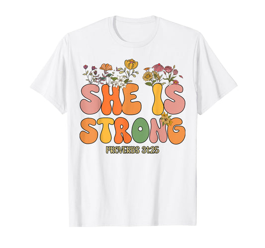 Toddler She Is Strong Proverbs 31 Kid Groovy Jesus Christian T-Shirt