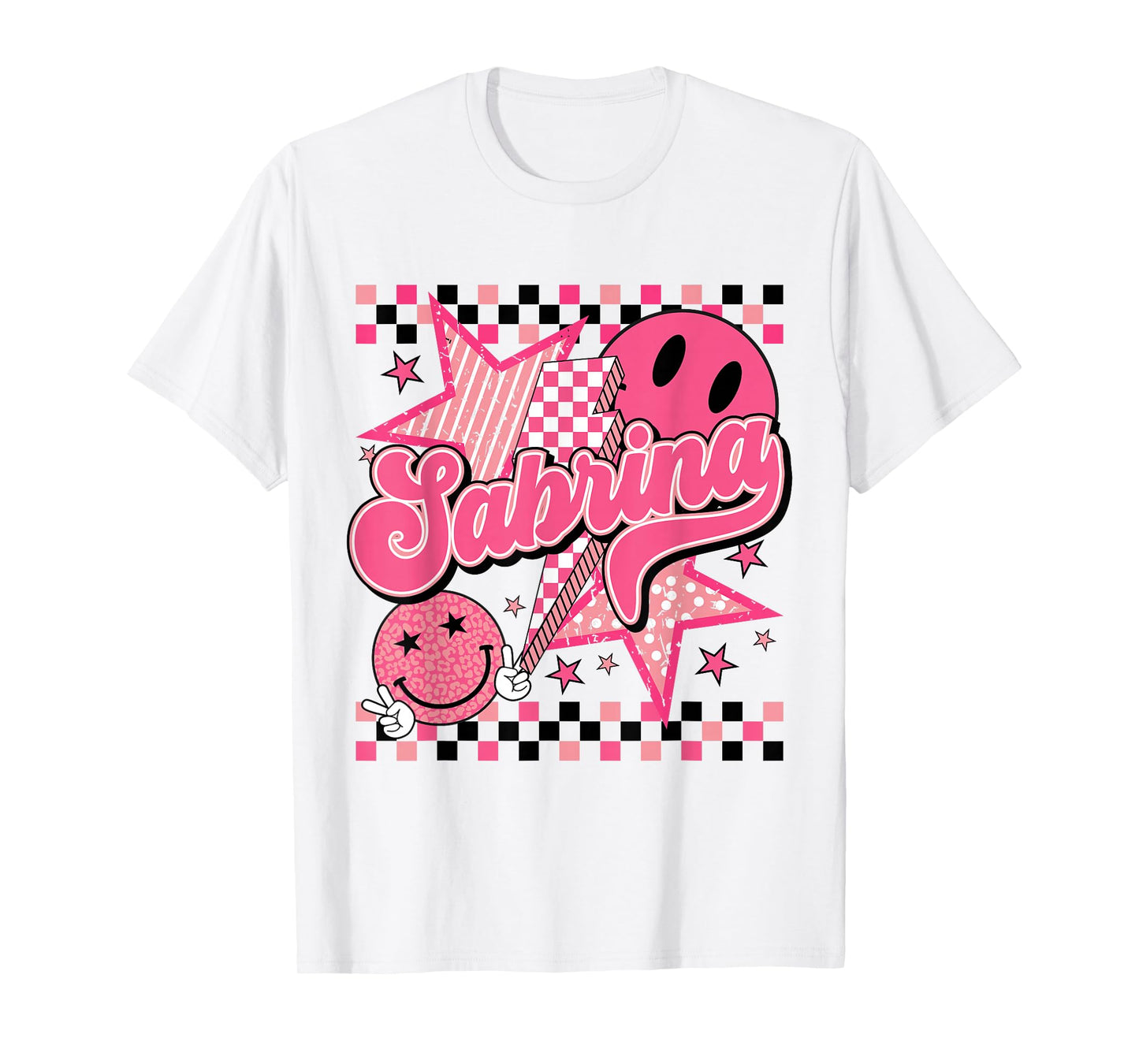 Sabrina First Name I Love Sabrina Checkered Groovy 80's T-Shirt