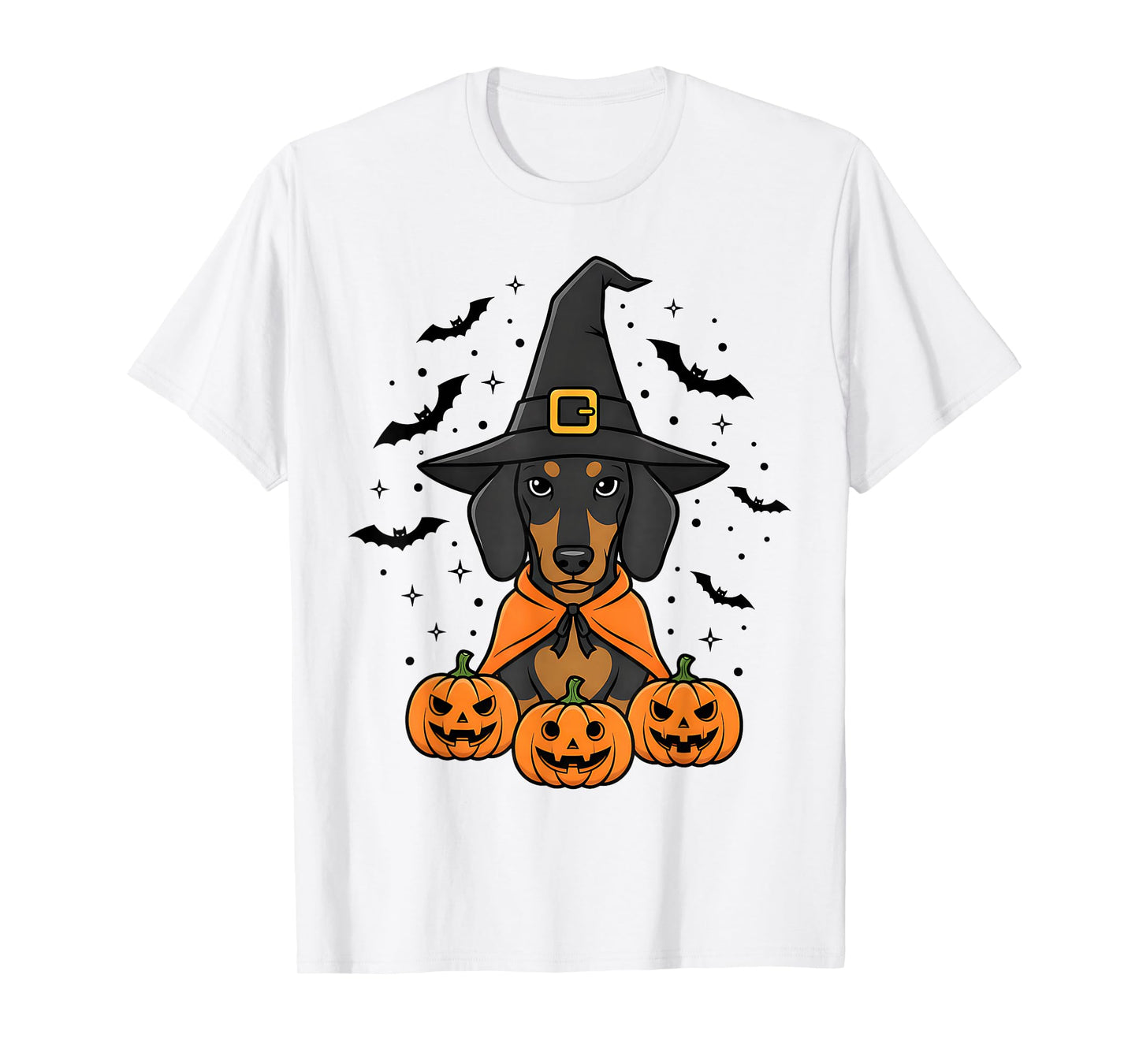 Halloween Dachshund Dog in Witch Hat with Pumpkins and Bats T-Shirt