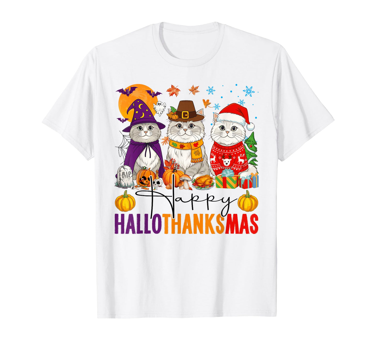 Happy Hallothanksmas Persian Cats Halloween Thanksgiving T-Shirt