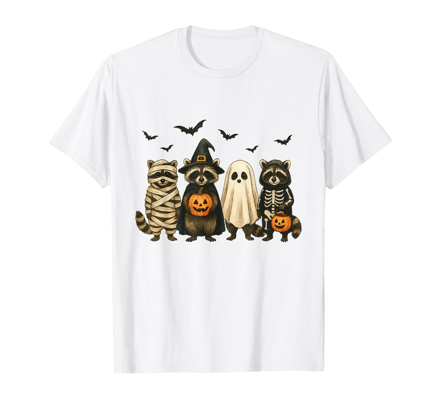 Raccoon Spooky Witch Scary Halloween Pumpkin Men Women Kids T-Shirt