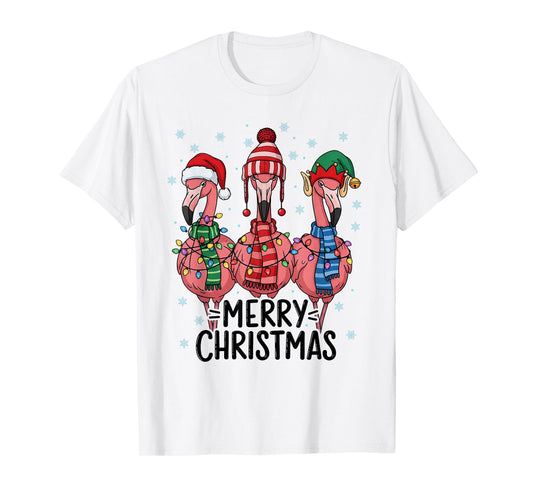 Merry Christmas Pink Flamingo Santa Hat Matching Family Xmas T-Shirt