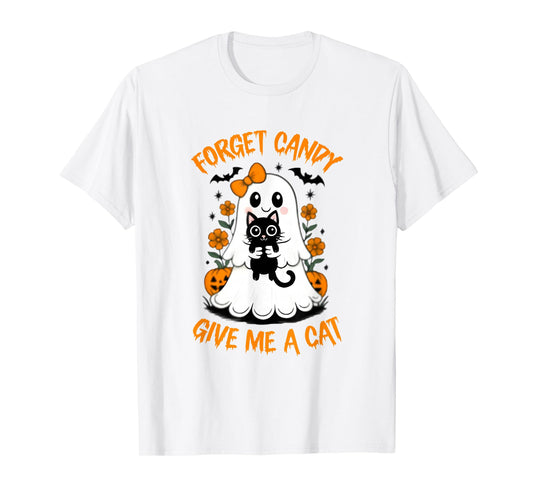 Funny Ghost Black Cat Forget Candy Give Me Cat Halloween T-Shirt