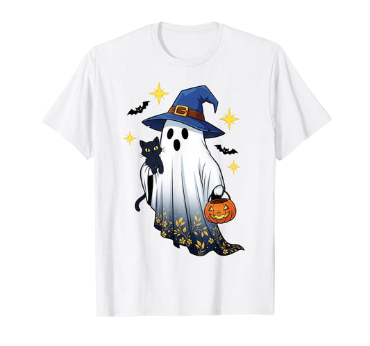 Halloween Ghost Witch Holding Black Cat Funny Halloween T-Shirt