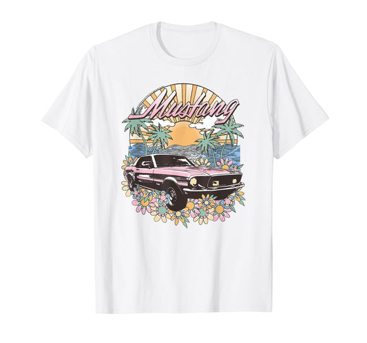Ford - Vintage Pink Mustang Floral Beach Sunset Palm Trees T-Shirt for Men Women Girls Kids