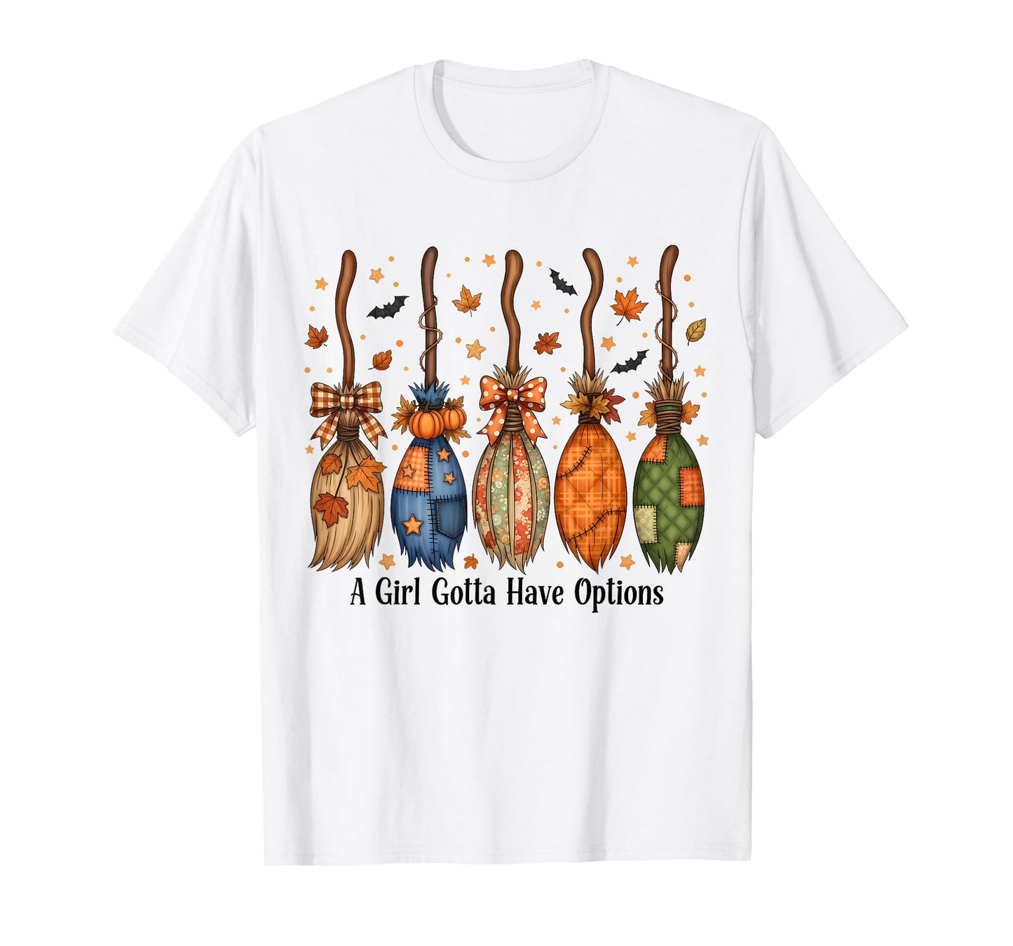 Halloween A Girl Gotta Have Options Patchwork Witch Brooms T-Shirt