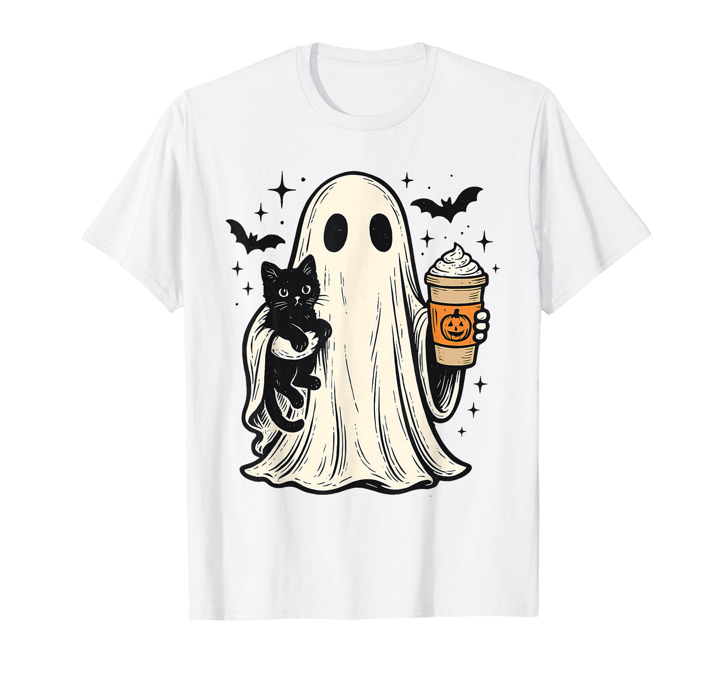 Cute Halloween Ghost Holding Black Cat Fall Coffee for Women T-Shirt