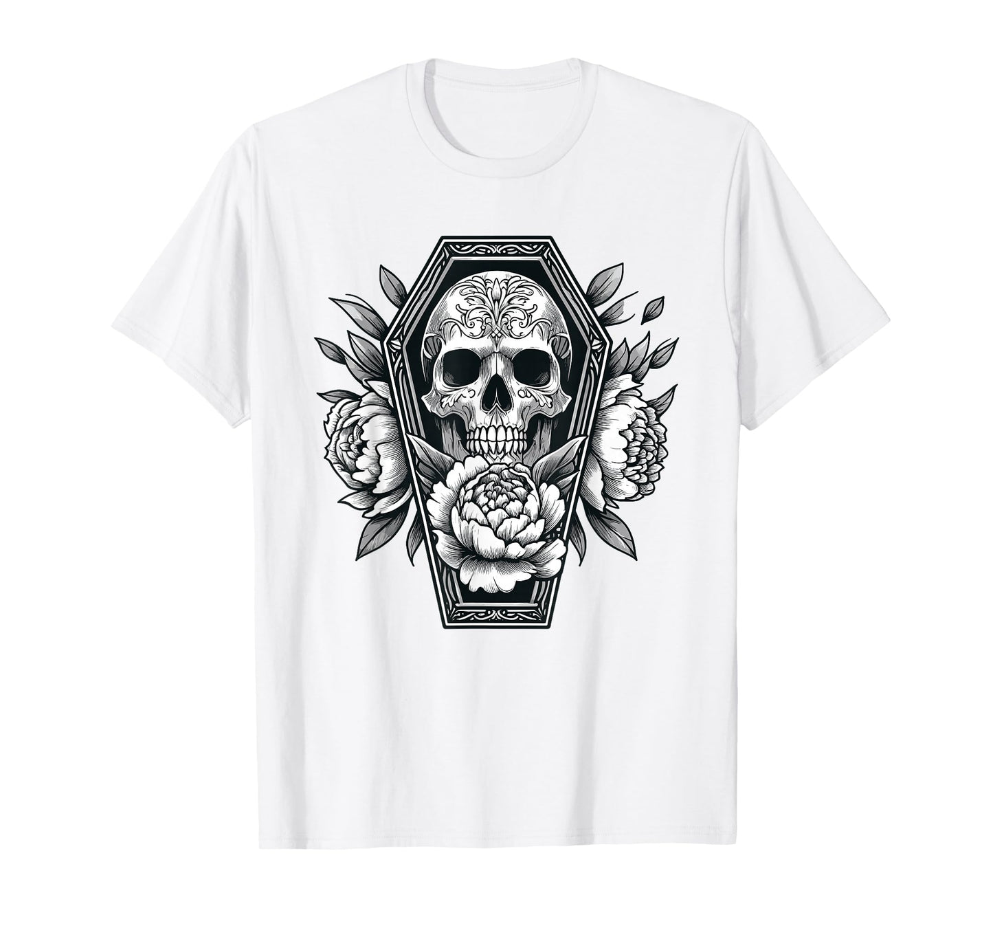 Goth Skull and Roses in Coffin Halloween Spooky Occult Pagan T-Shirt