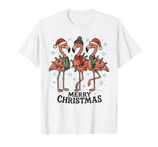Merry Christmas Pink Flamingo Santa Hat Matching Family Xmas T-Shirt