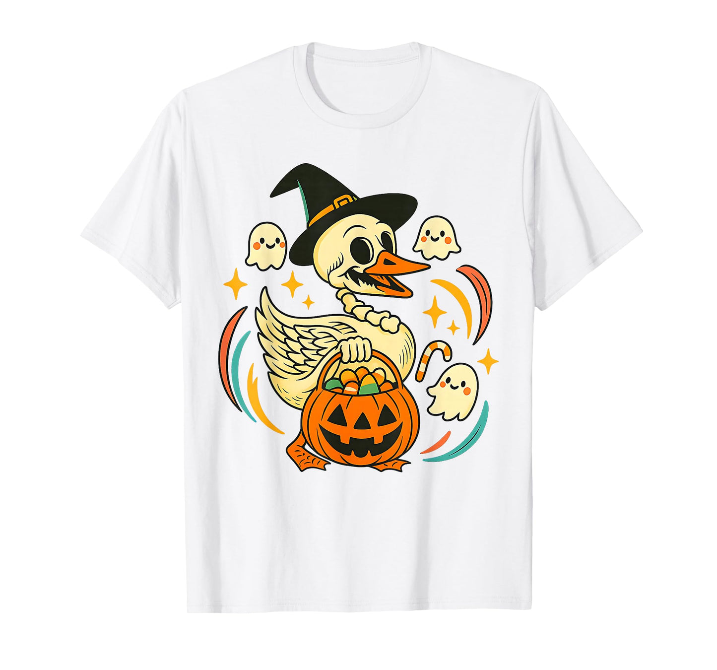 Halloween Goose Skeleton with Witch Hat Pumpkin Candy Bucket T-Shirt
