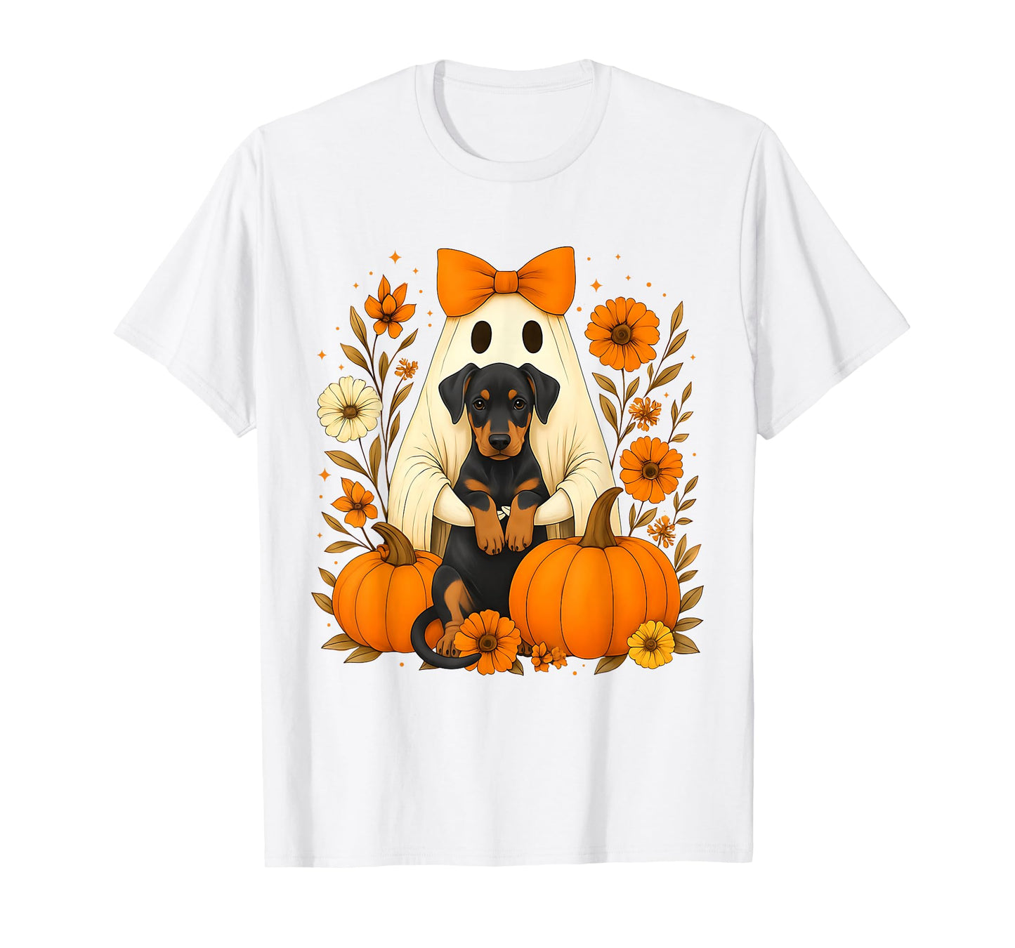 Funny Halloween Ghost Holding Doberman Pinscher Dog Lover T-Shirt