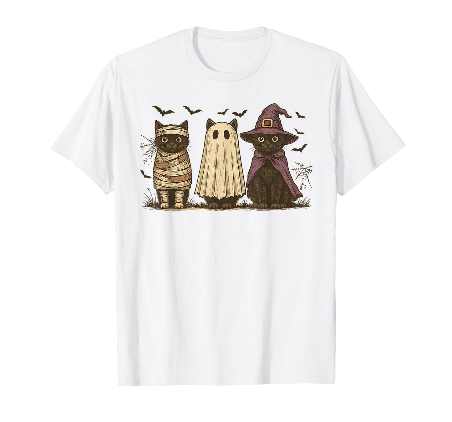 Retro Black Cat Witch Scary Halloween Pumpkin Women Men Kids T-Shirt
