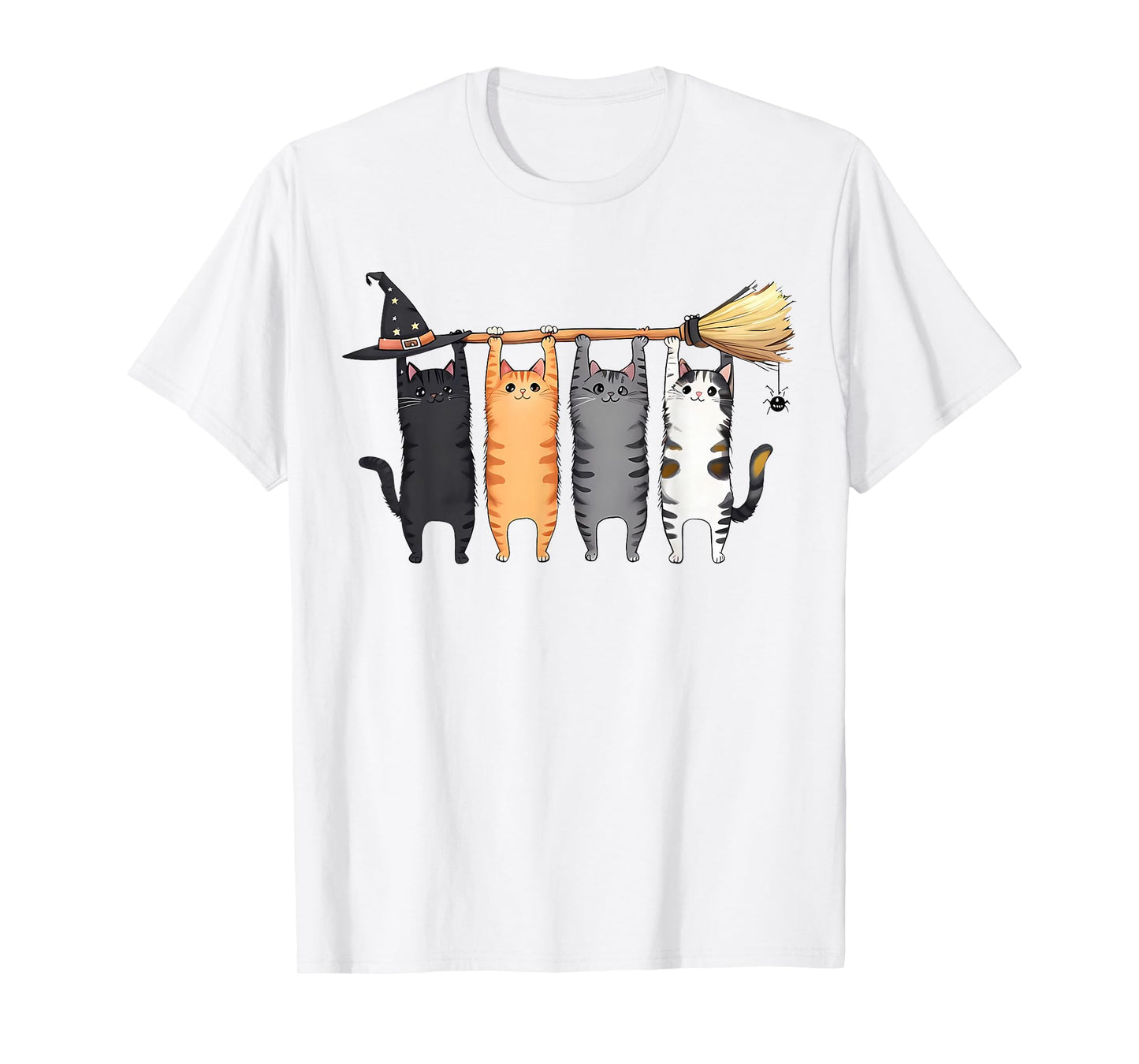 Cute Halloween Cats On Broomstick Funny Witch Hat Cat Lover T-Shirt