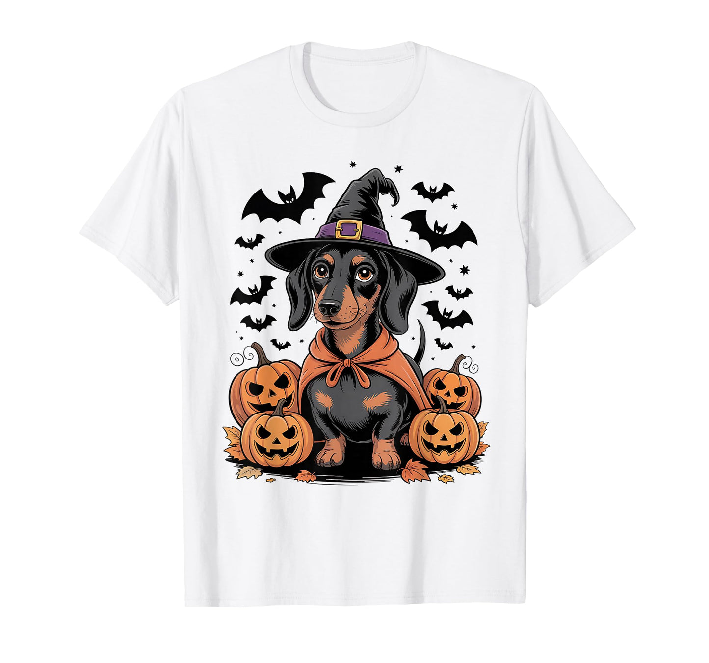 Halloween Dachshund Dog in Witch Hat with Pumpkins and Bats T-Shirt