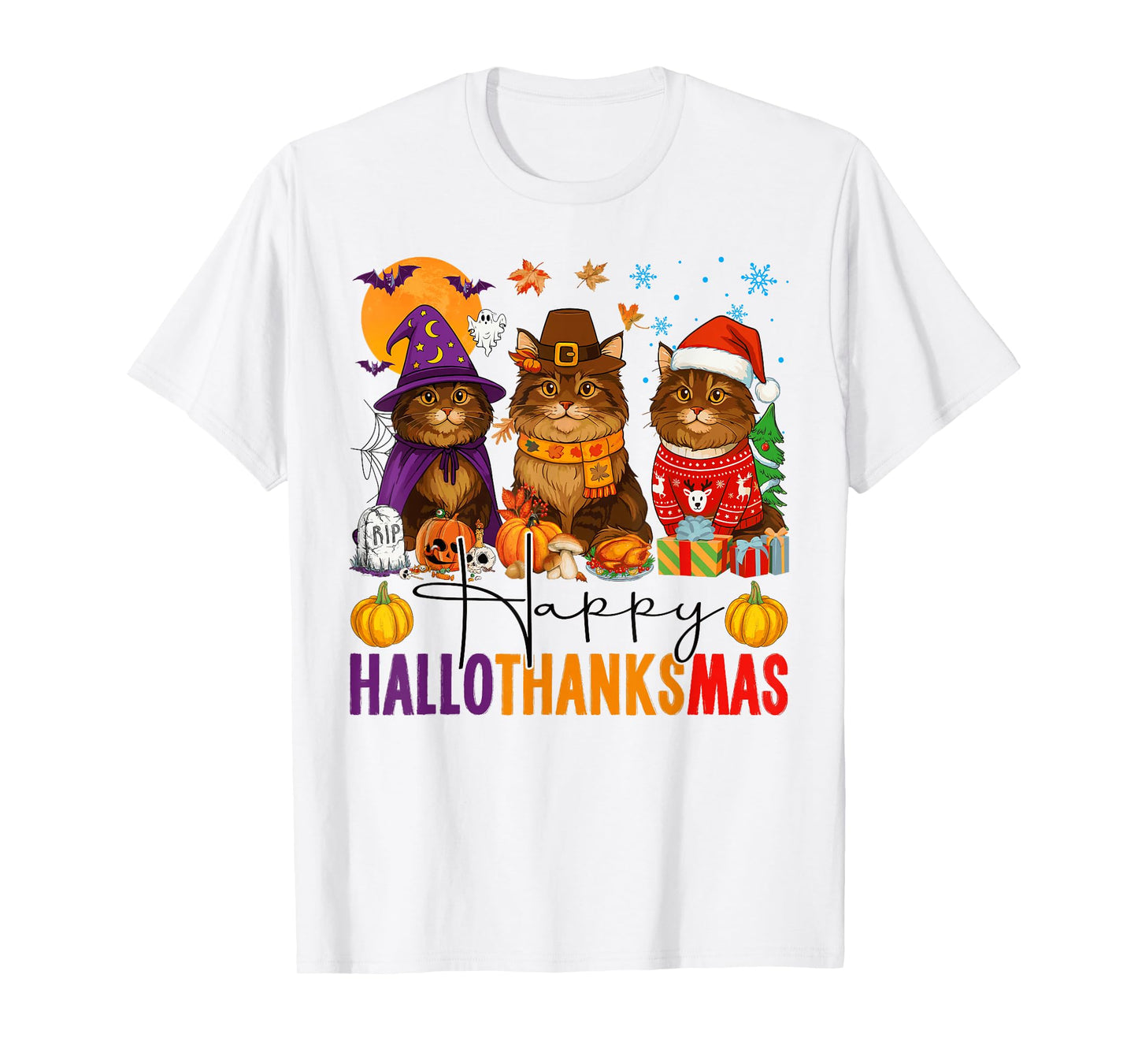 Happy Hallothanksmas Maine Coon Cats Halloween Thanksgiving T-Shirt