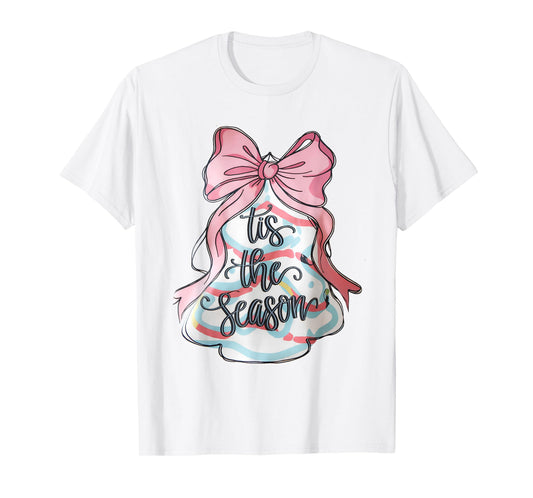 Funny Christmas Outfit for Men Women Kids Pink Christmas Tree Cake Coquette Bow Xmas Pajamas Funny T-Shirt