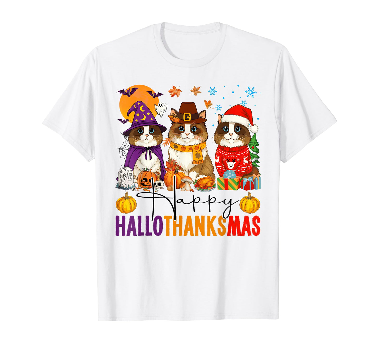 Happy Hallothanksmas Ragdoll Cats Halloween Thanksgiving T-Shirt