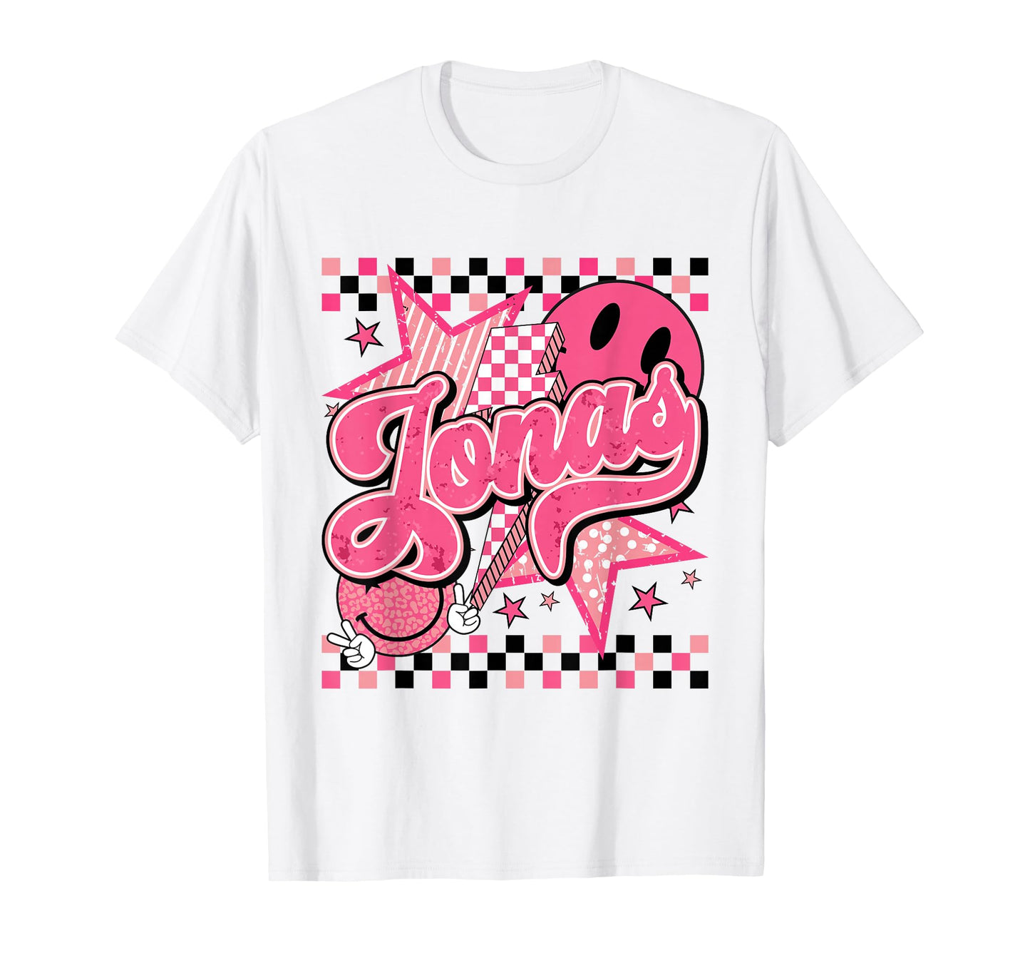 Jonas First Name I Love Jonas Girl Checkered Groovy 80's T-Shirt