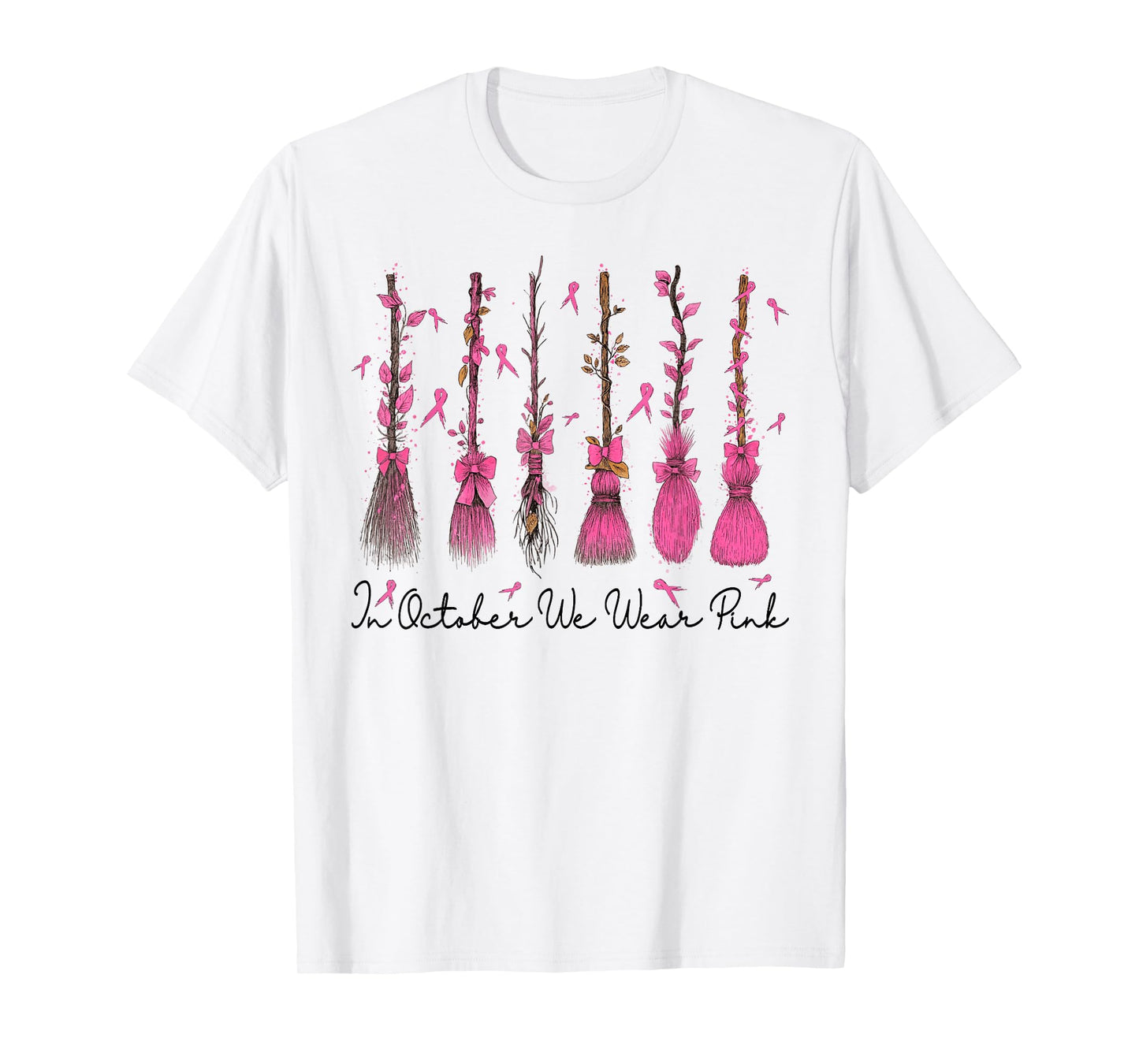 Breast Cancer Halloween in October We Wear Pink Witch Broom T-Shirt