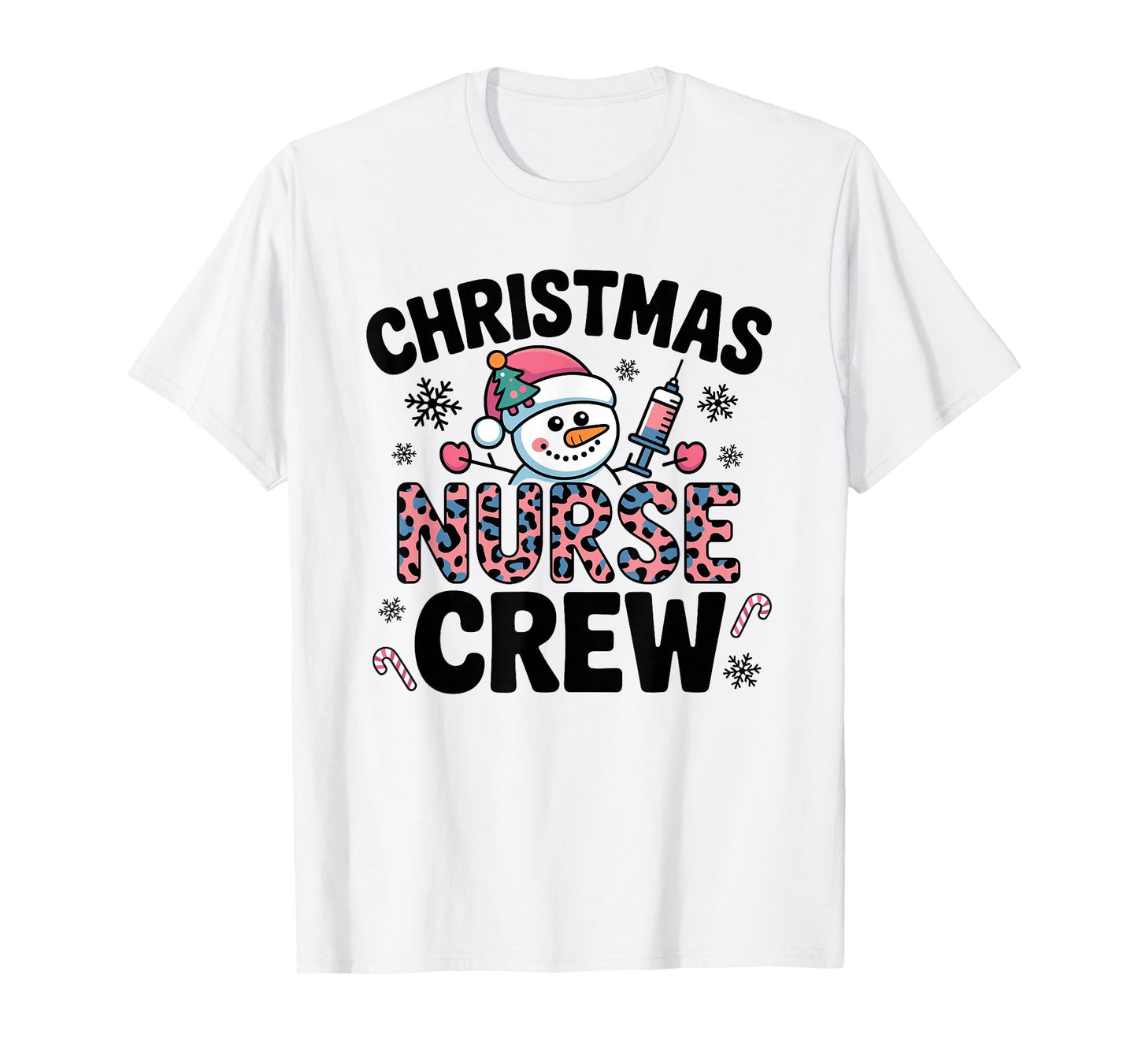 Nurse Christmas Crew Snowman Pink Leopard Print T-Shirt