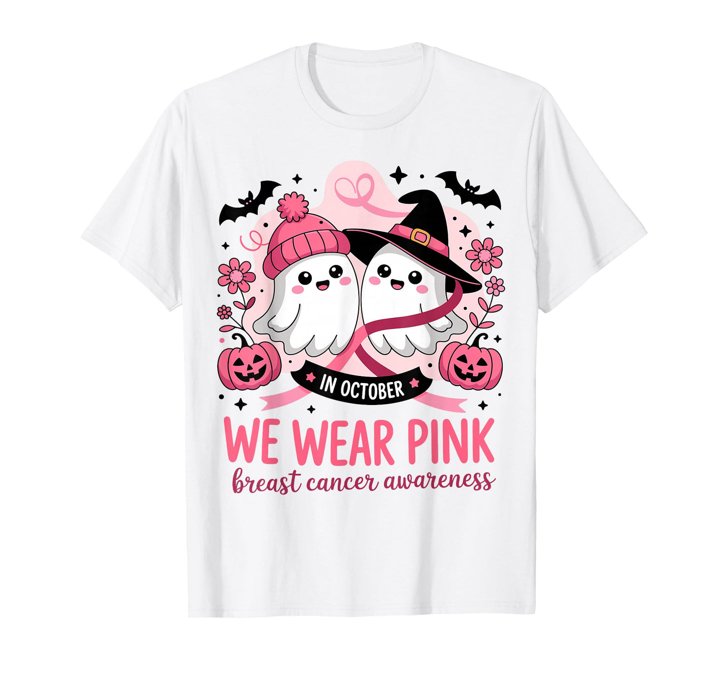 in October We Wear Pink Ghost Witch Breast Cancer Awareness T-Shirt