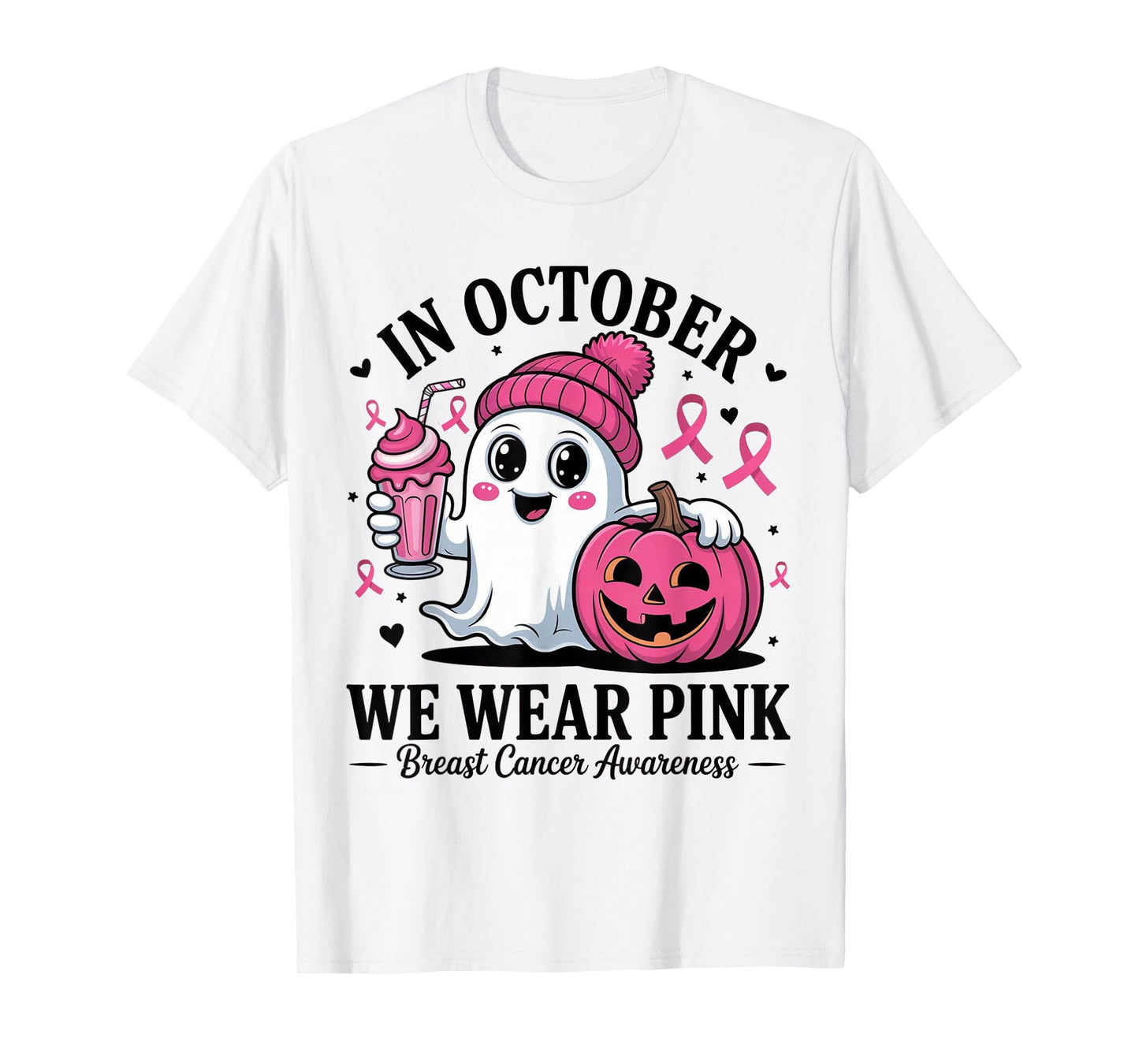 in October We Wear Pink Witch Ghost Pumpkin Breast Cancer T-Shirt