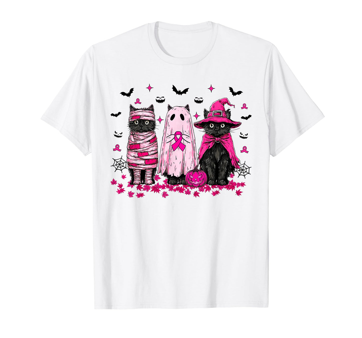 Ghost and Witch Black Cat Retro Halloween Breast Cancer T-Shirt