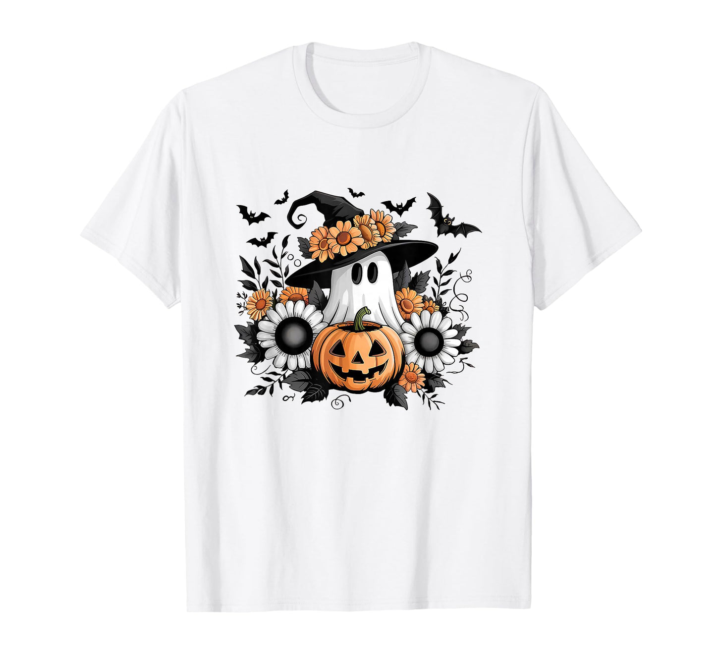 Vintage Floral Ghost Halloween Pumpkin Ghost Witch Womens T-Shirt