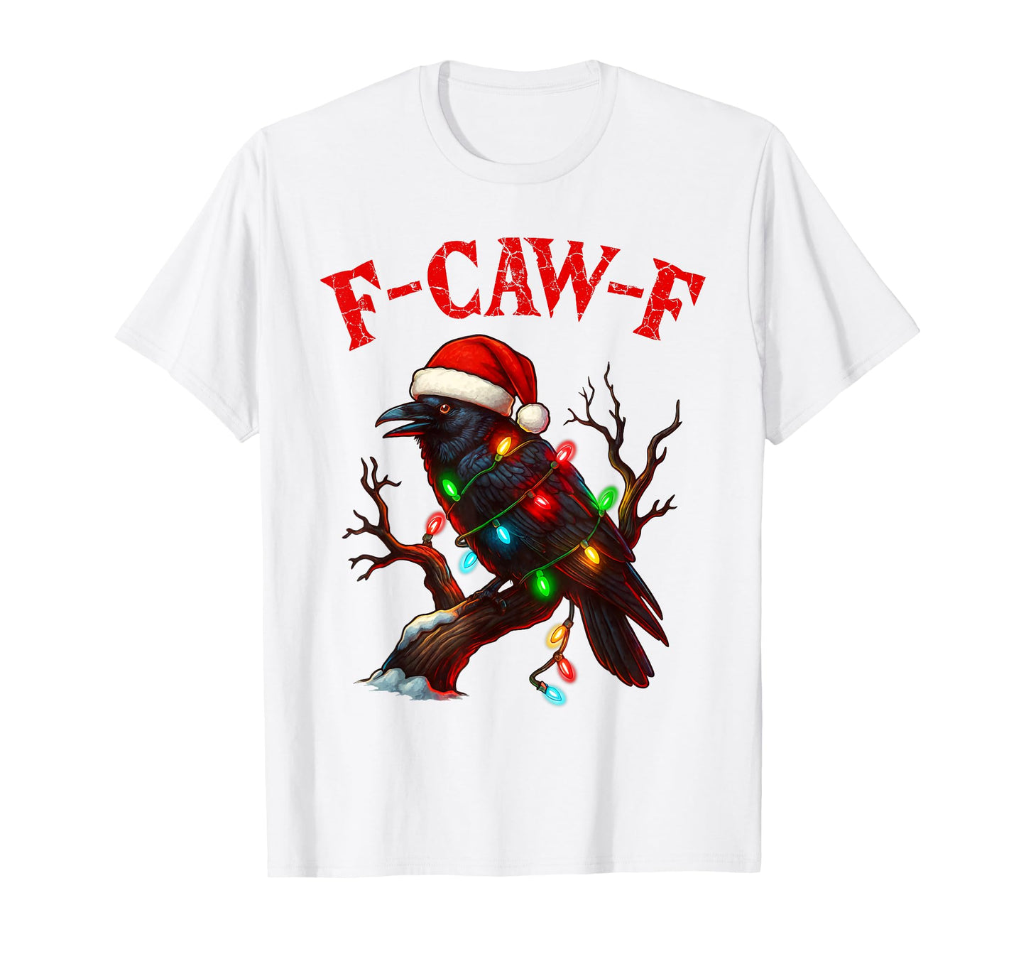 Black Crow F-Caw-F Funny Retro Christmas Lights Santa hat T-Shirt