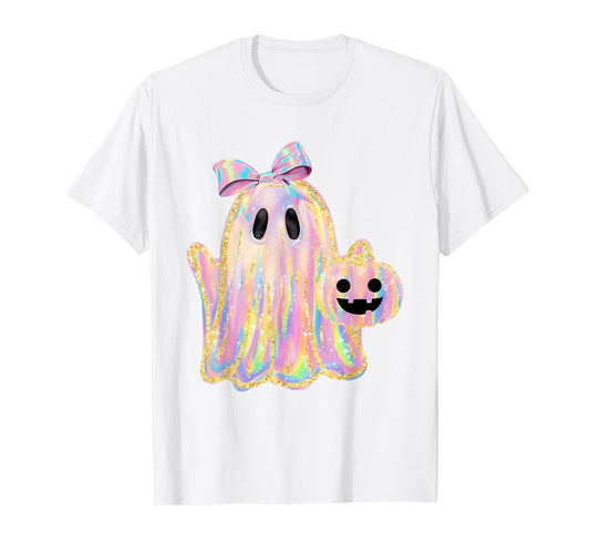 Disco Ghost Pumpkin Halloween Girly Coquette Bow T-Shirt