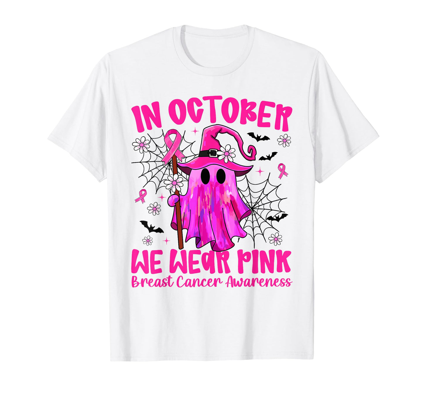 in October We Wear Pink Ghost Witch Breast Cancer Awareness T-Shirt