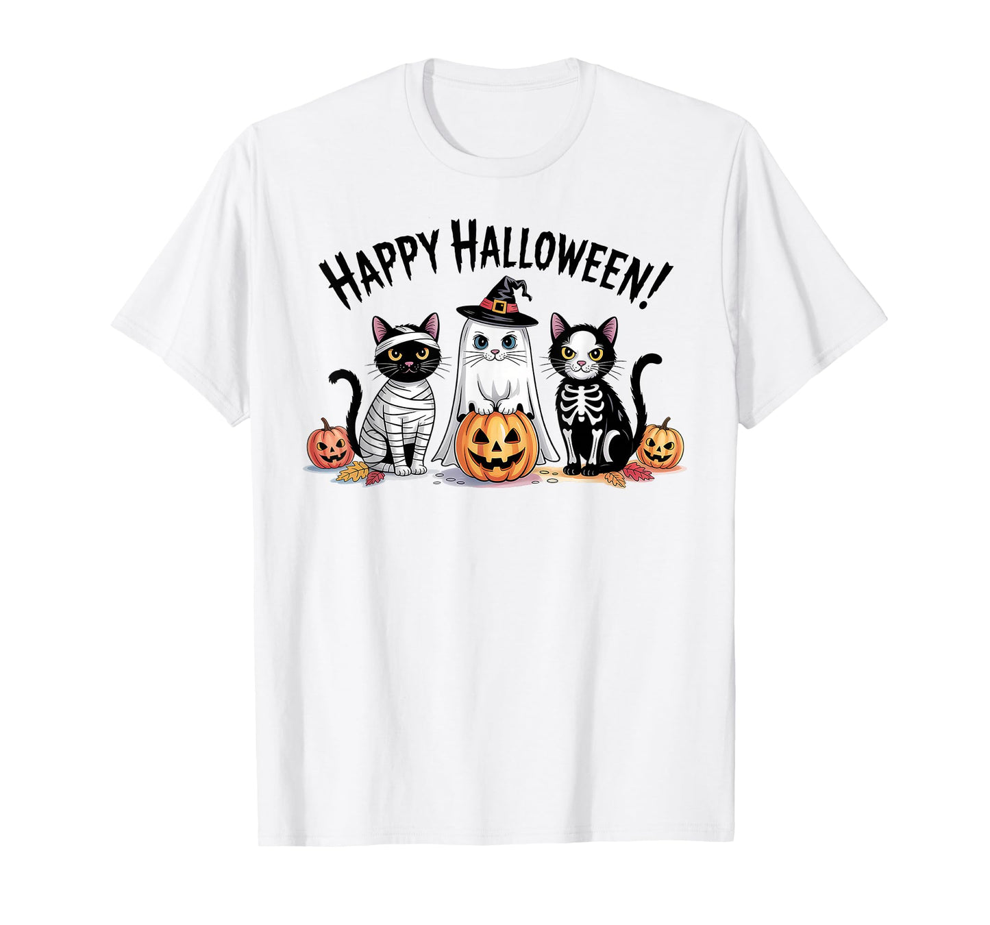 Retro Black Cat Witch Scary Halloween Pumpkin Women Men Kids T-Shirt