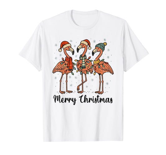 Merry Christmas Pink Flamingo Santa Hat Matching Family Xmas T-Shirt