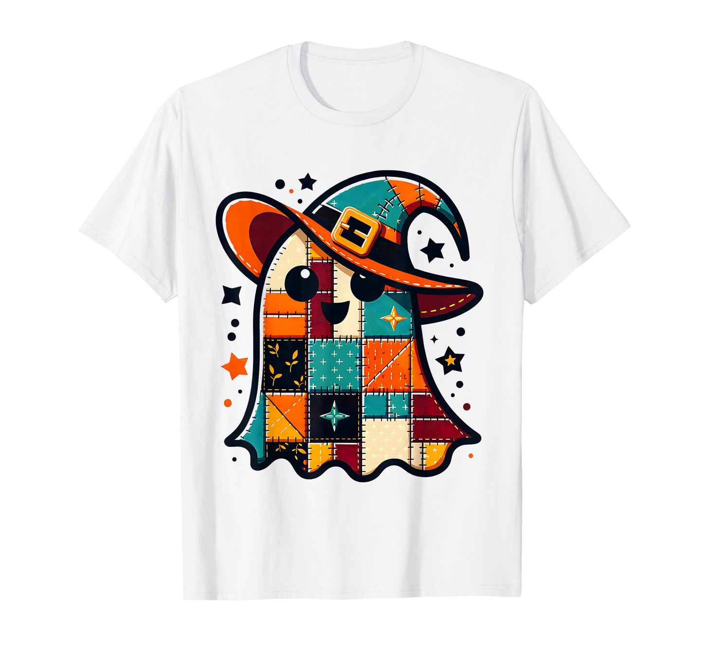 Halloween Patchwork Ghost with Witch Hat Cute Spooky Fun T-Shirt