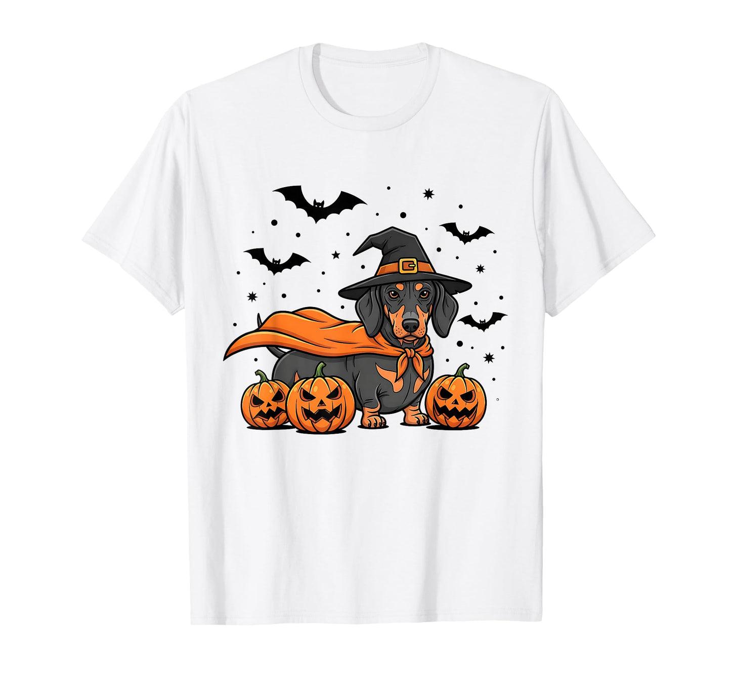 Halloween Dachshund Dog in Witch Hat with Pumpkins and Bats T-Shirt