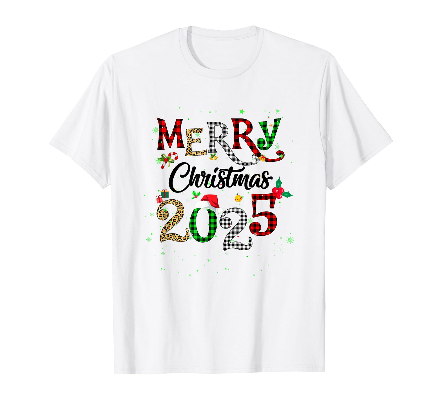 Merry Christmas 2025 Leopard Buffalo Plaid Red Green Xmas T-Shirt