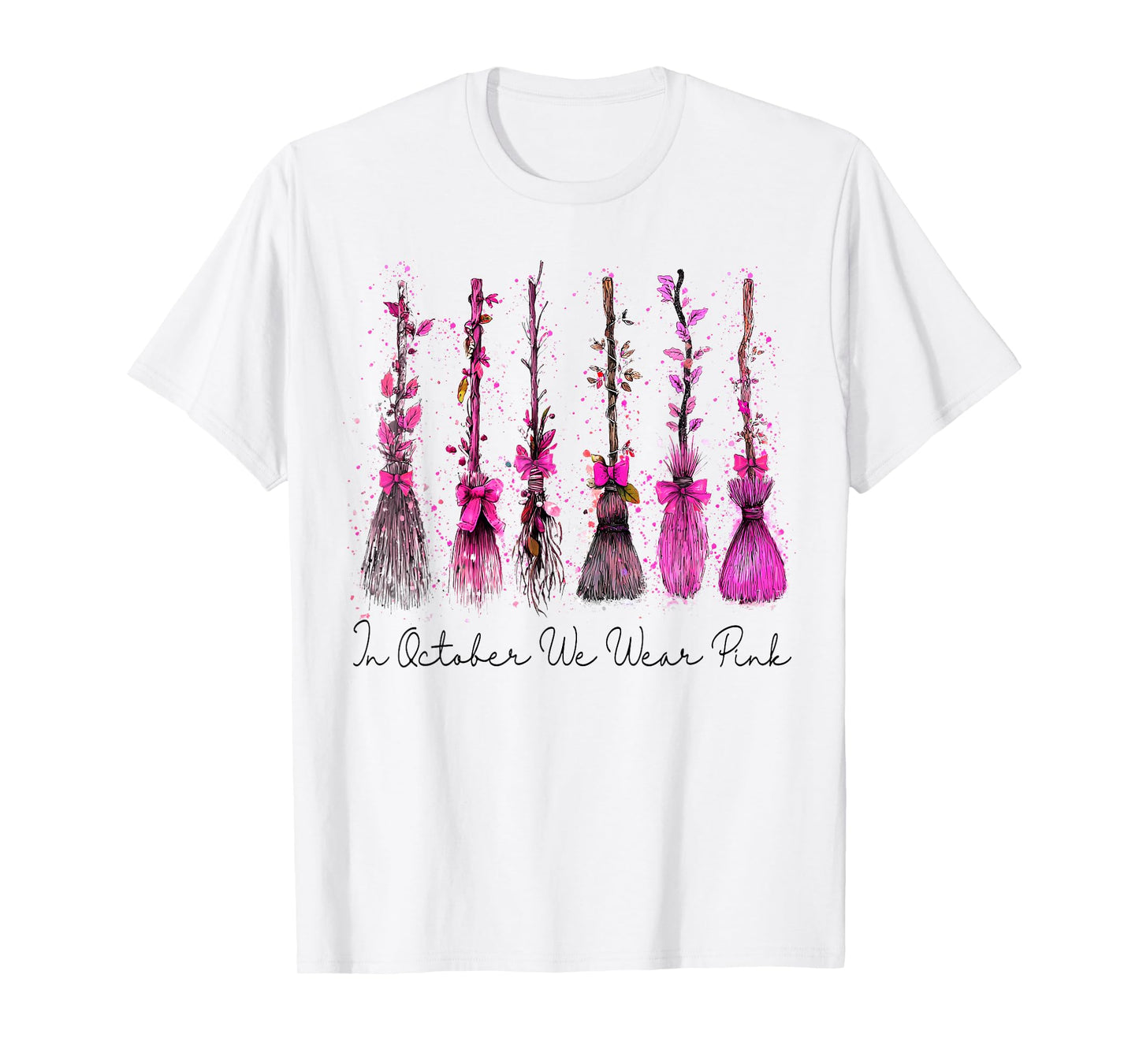 in October We Wear Pink Witch Broom Halloween Breast Cancer T-Shirt