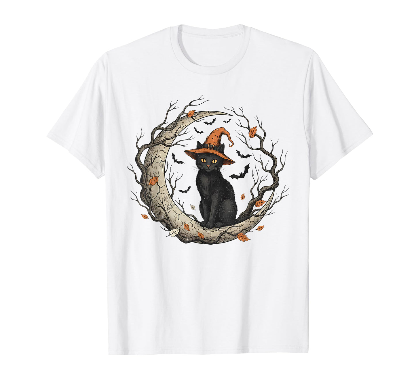 Funny Cat Witch Halloween Fall Vintage Moon Costume Tee T-Shirt